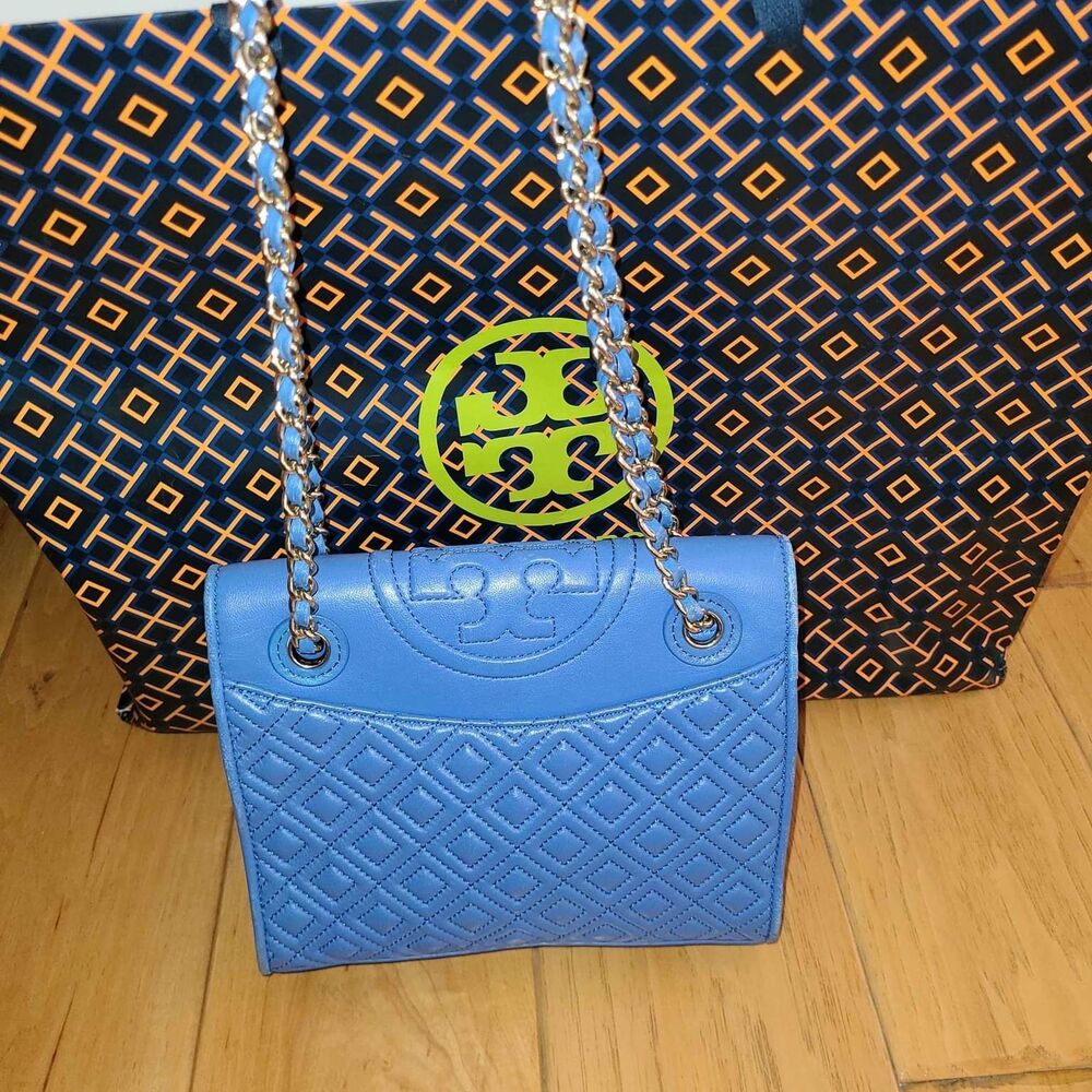 Tory Burch Designer Blue Fleming Foldover Flap Purse Handbag Shoulder Bag